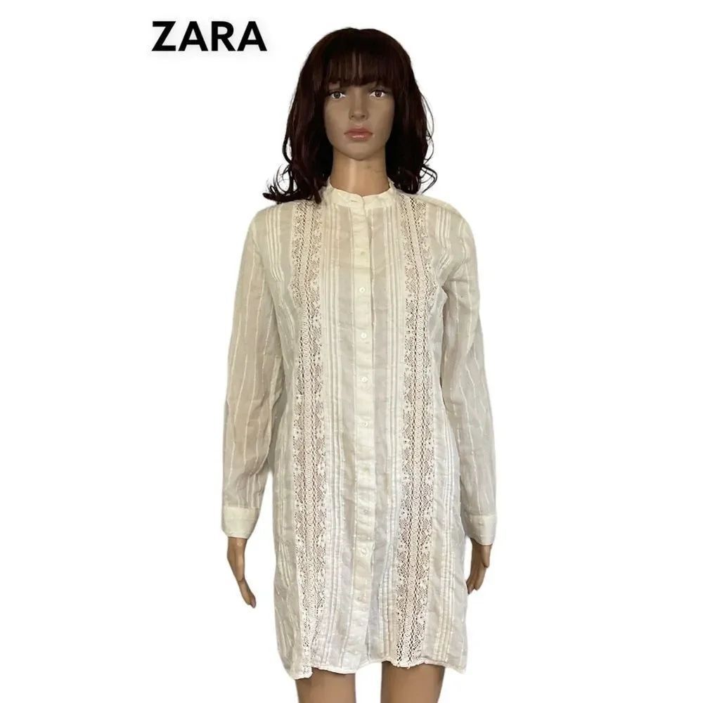 ZARA white openwork embroidery ecru mesh lace button down tunic shirt dress XS